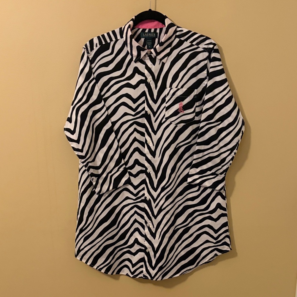 Lauren Ralph Lauren Black & White Zebra-Print 3/4 Sleeve Button-Down Shirt Sz M